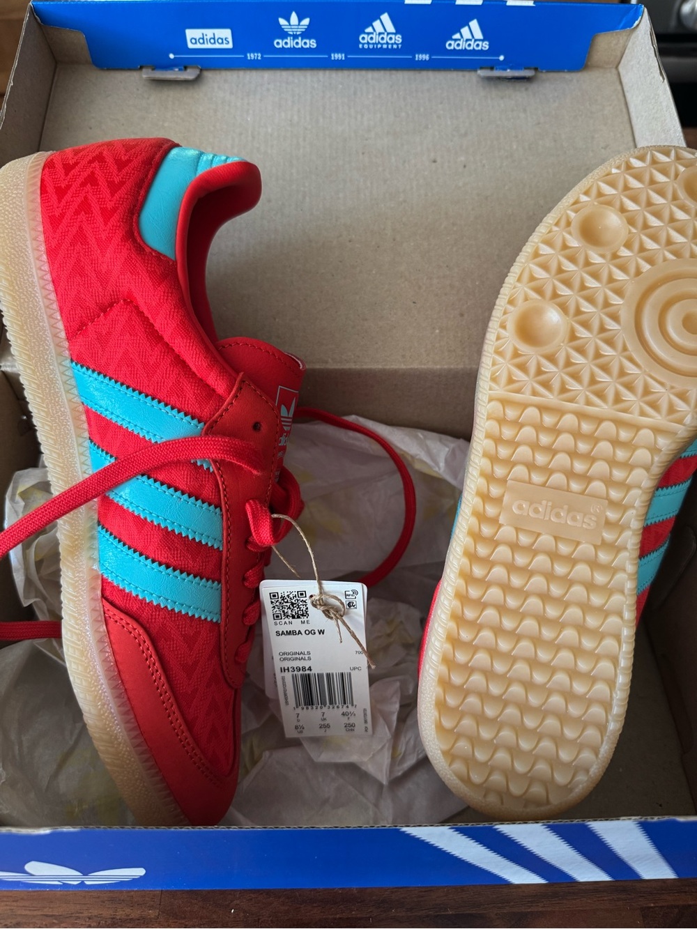 adidas Samba OG Red with Teal Stripes and Gum Sole